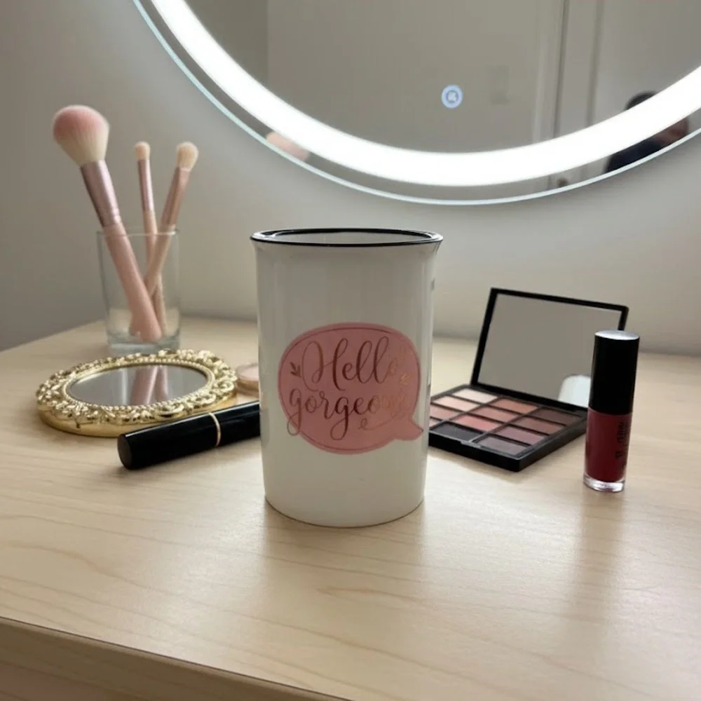 White and Pink Ceramic Makeup Brush Holder